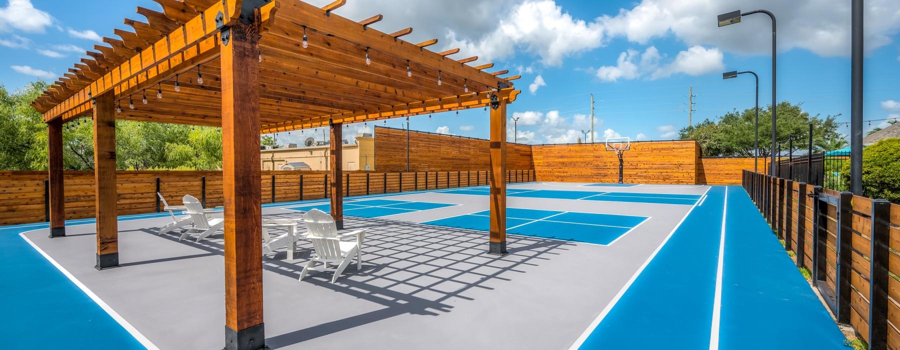 a swimming pool with a covered area